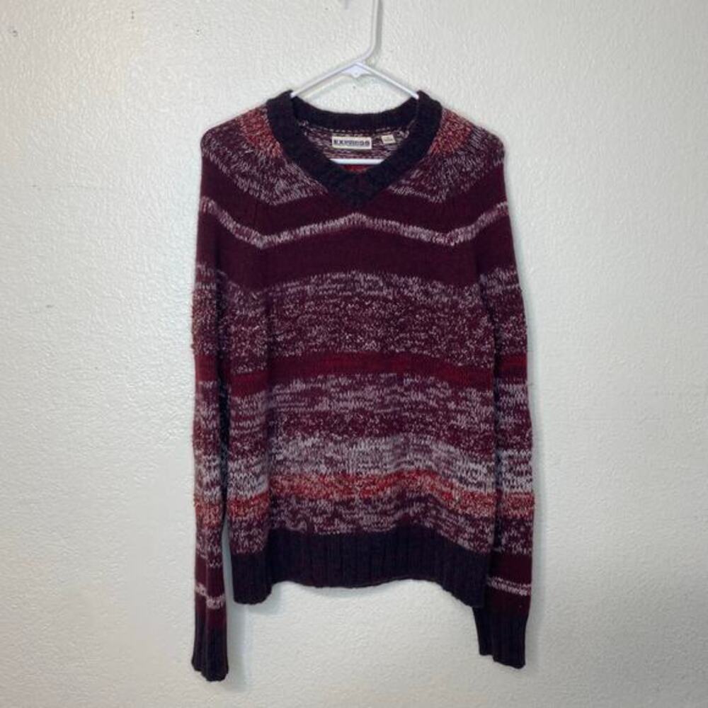 Express Mens Lambswool V‎ Neck Sweater Burgundy Striped Chunky Knit Pullover M